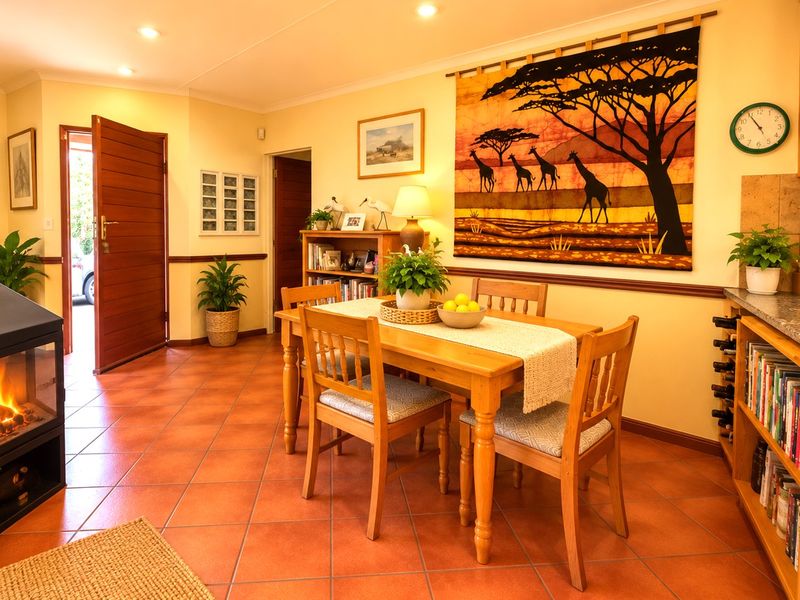 Dining area featuring terracotta floor tiles, a freestanding fireplace, and recessed lighting, providing a warm and functional space for meals.