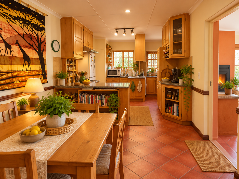 Spacious open-plan kitchen and dining area featuring warm wooden cabinetry, granite countertops, and terracotta tile flooring, with an adjacent cozy fireplace.
