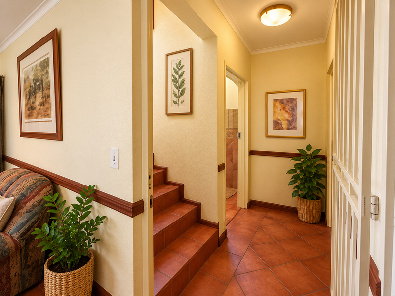 A well-maintained hallway featuring terracotta-style floor tiles, a staircase leading to an upper level, and decorative chair rail molding.