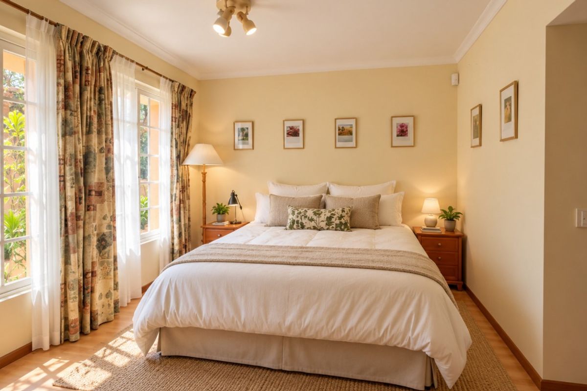 A well-lit bedroom featuring laminate flooring, coving, and large multi-pane windows that allow for ample natural light.