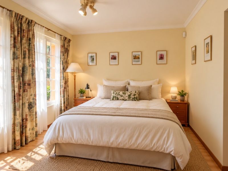A well-lit bedroom featuring laminate flooring, coving, and large multi-pane windows that allow for ample natural light.