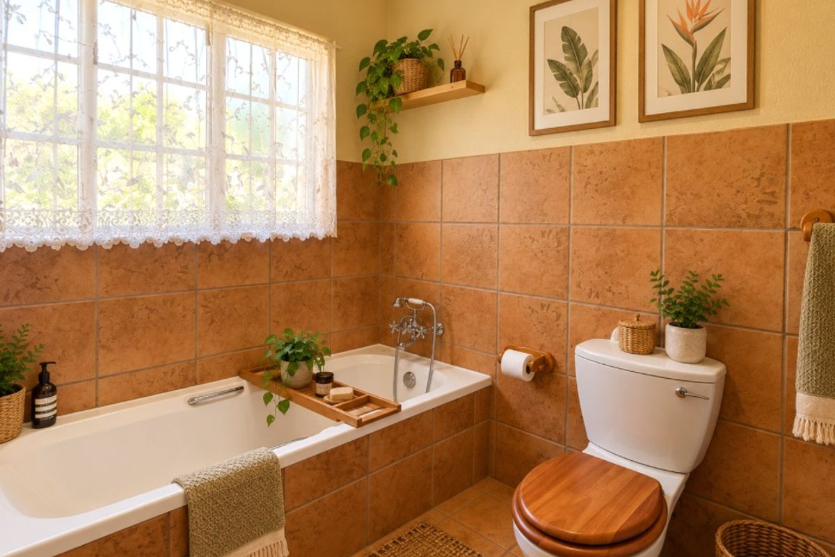 A functional bathroom featuring a built-in bathtub with chrome fixtures, a toilet, and warm-toned ceramic wall and floor tiling.