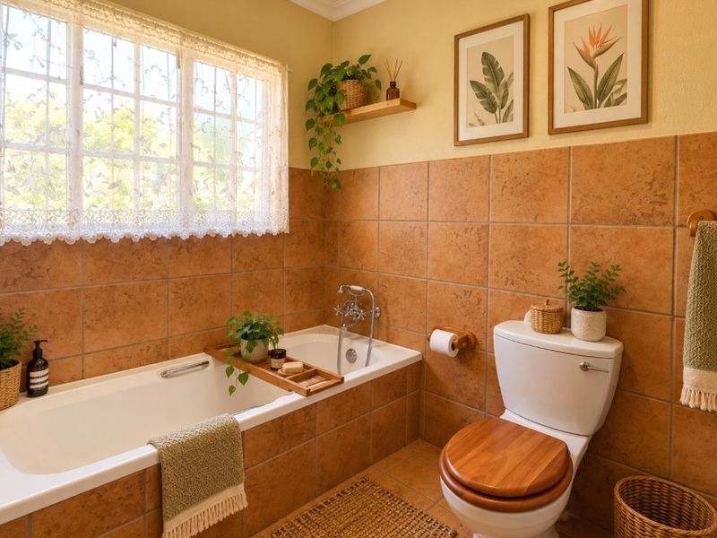 A functional bathroom featuring a built-in bathtub with chrome fixtures, a toilet, and warm-toned ceramic wall and floor tiling.