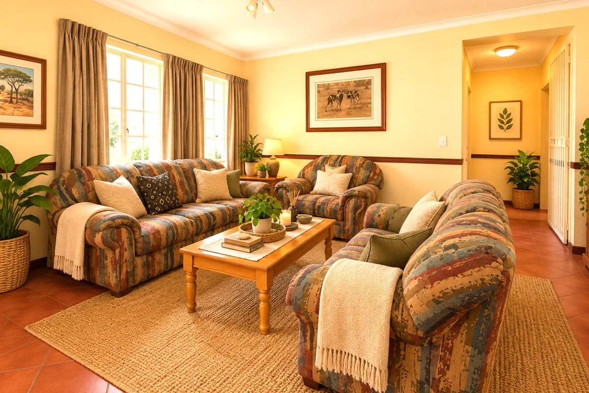 A warm and inviting living room featuring terracotta floor tiles, a chair rail, and coved ceilings, offering a comfortable and traditional living space.