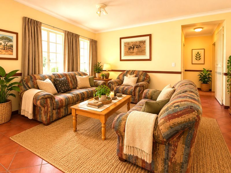 A warm and inviting living room featuring terracotta floor tiles, a chair rail, and coved ceilings, offering a comfortable and traditional living space.
