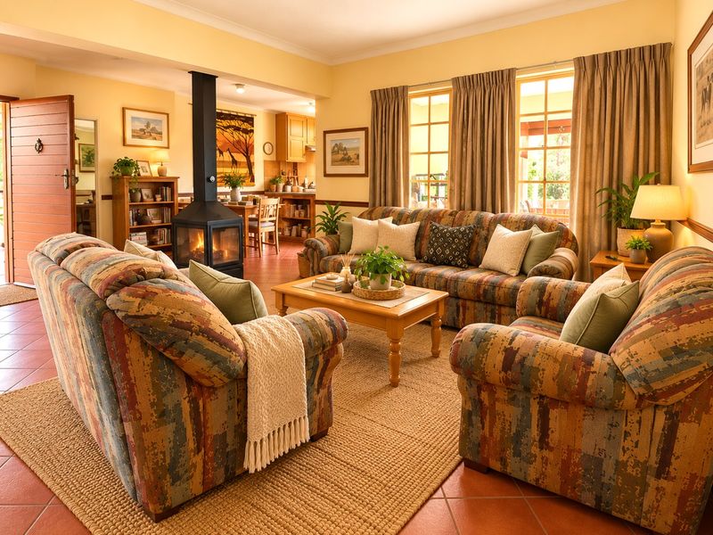 Spacious open-plan living area featuring terracotta flooring, a central freestanding fireplace, and seamless flow into the adjacent kitchen and dining space.
