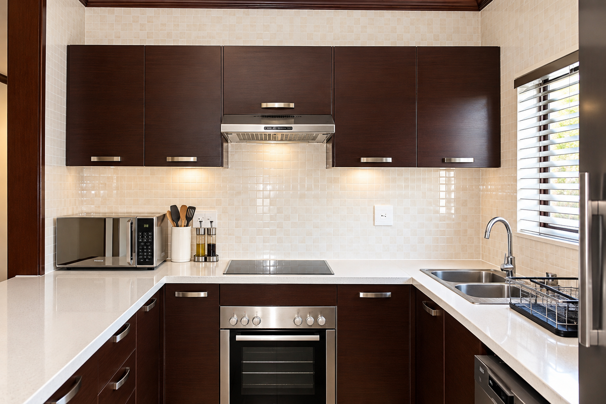 A well-maintained kitchen featuring dark wood cabinetry, quartz countertops, stainless steel appliances, and a tiled backsplash with natural light from the window.