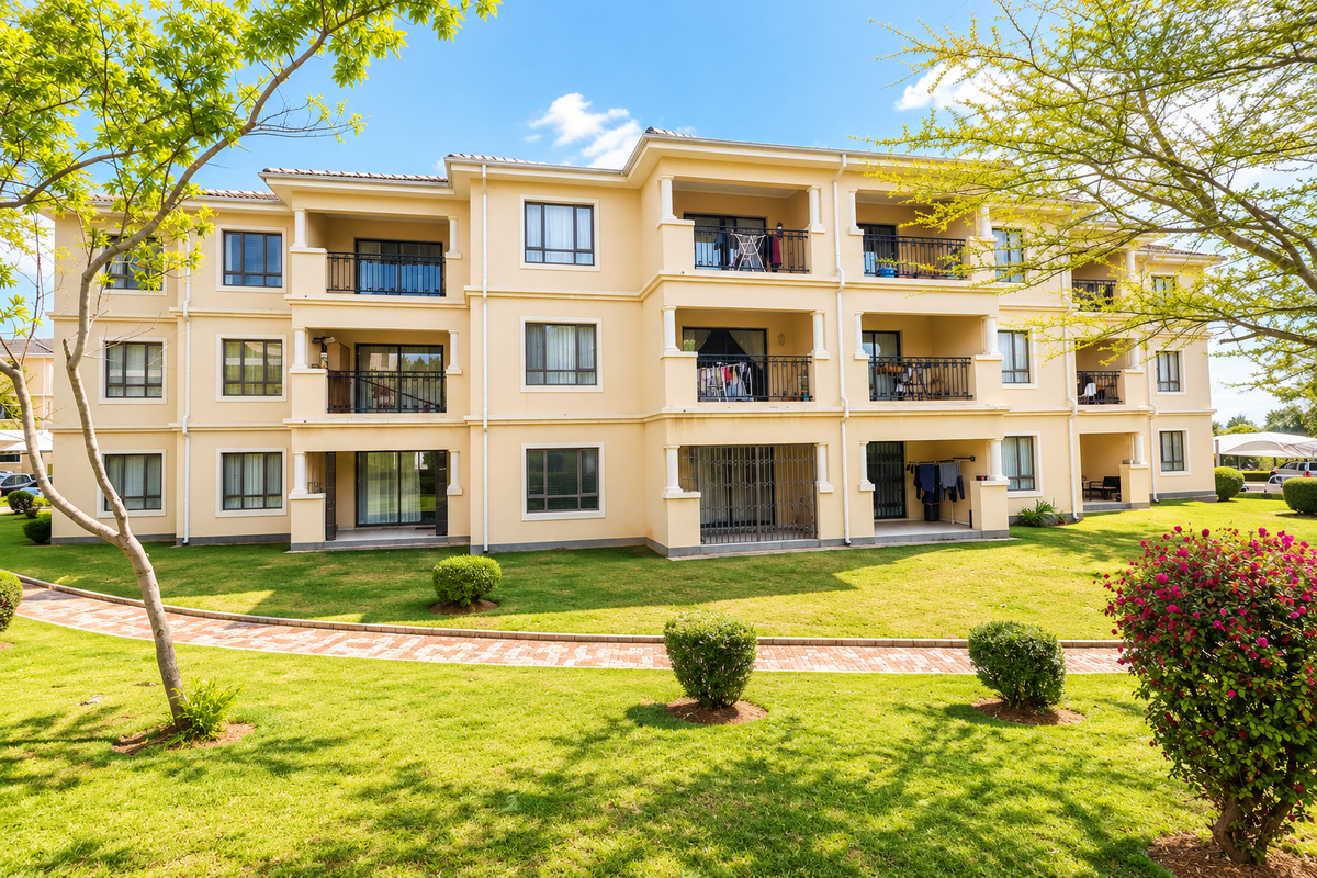 Rear view of a multi-story apartment complex featuring private balconies, landscaped garden areas, and paved walkways.