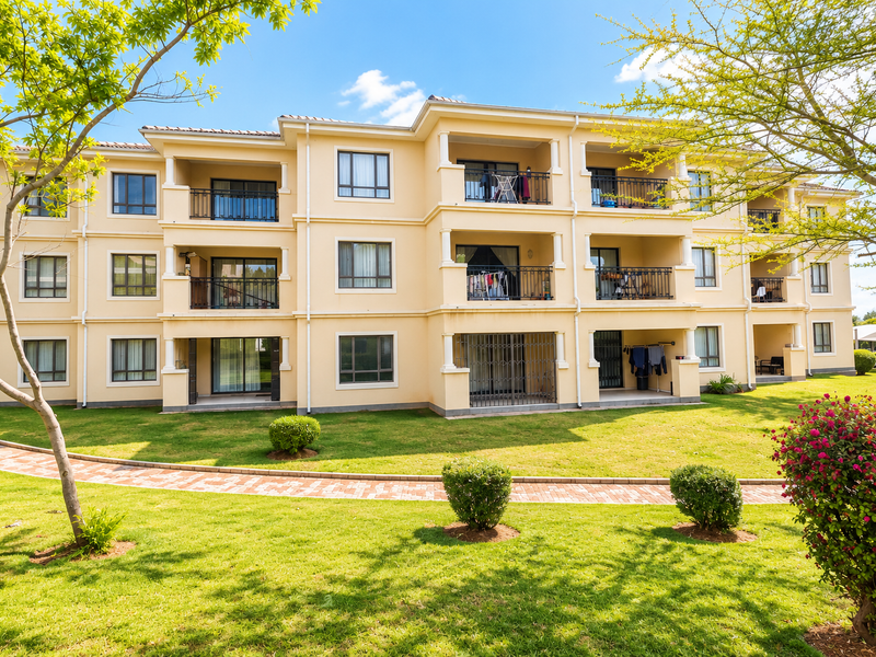 Rear view of a multi-story apartment complex featuring private balconies, landscaped garden areas, and paved walkways.