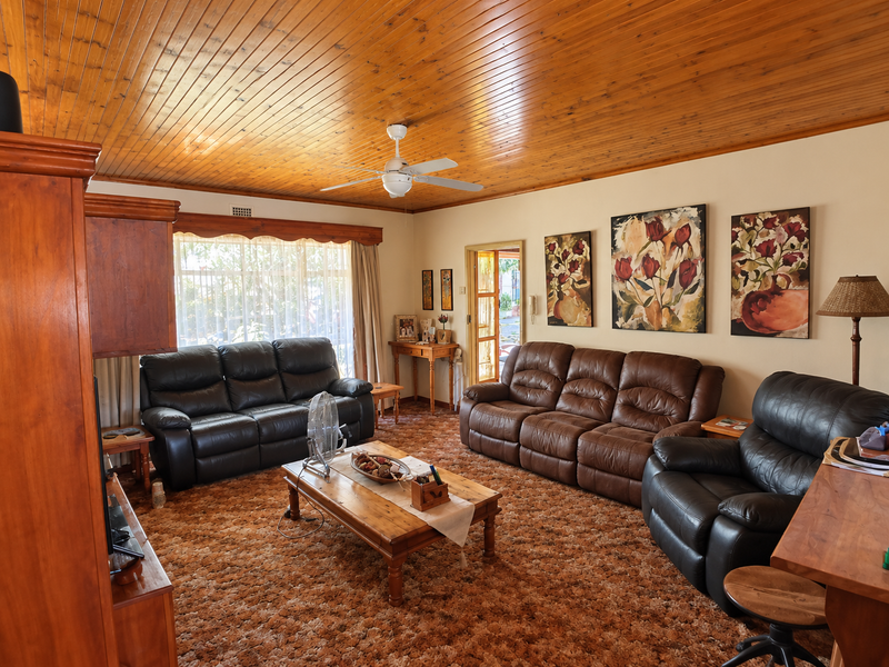 A spacious living room featuring a warm timber-paneled ceiling, ceiling fan, and large windows providing natural light, with direct access to the exterior.