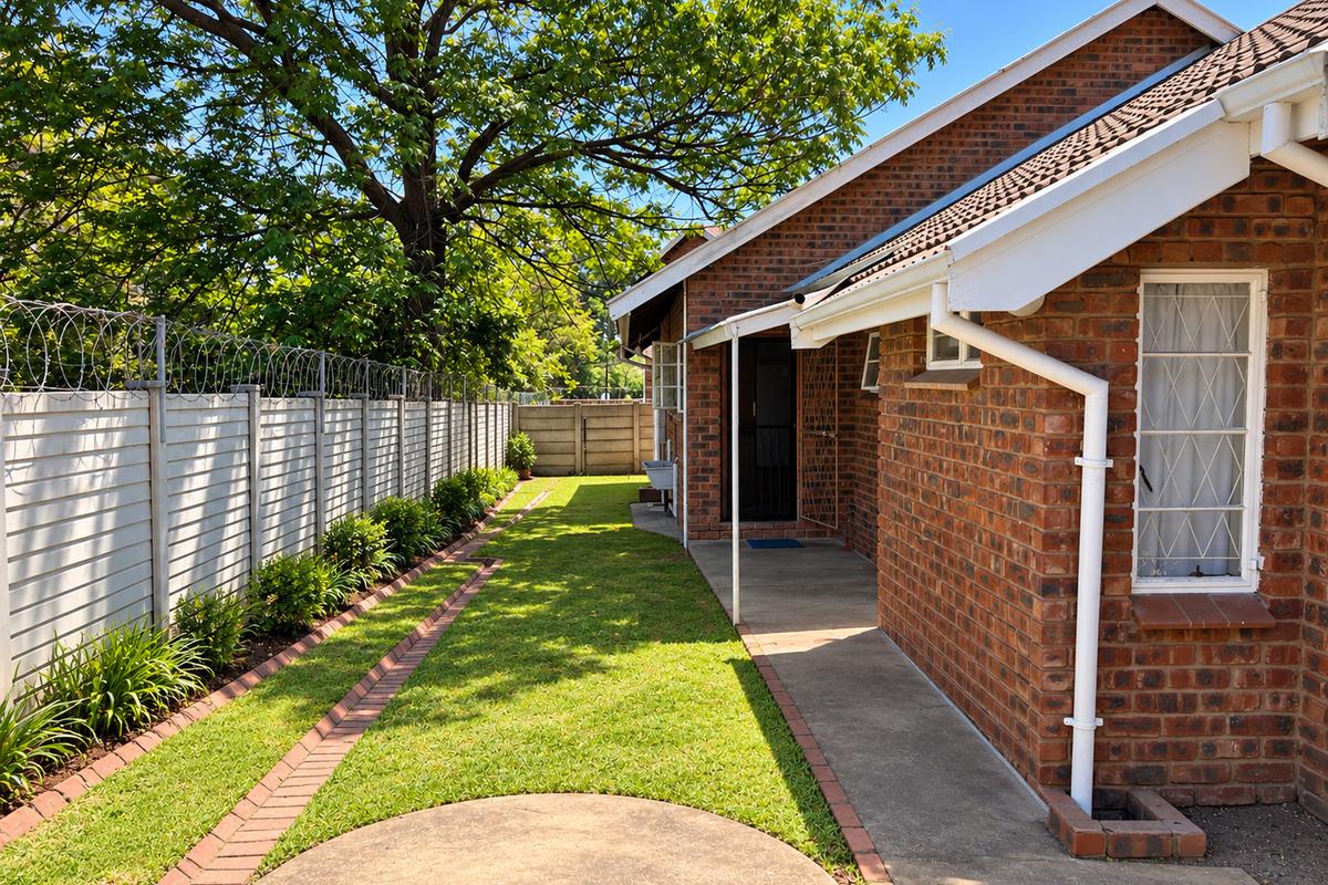 A well-maintained rear exterior view featuring a brick facade, concrete walkway, landscaped garden, and secure boundary wall with razor wire.