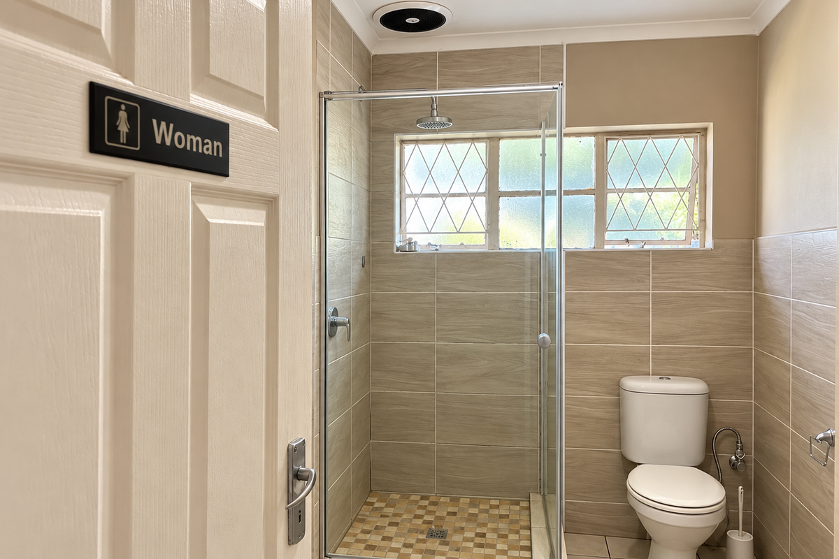 A clean, functional bathroom featuring a glass-enclosed shower, tiled walls, and a standard toilet, finished with neutral tones and leaded glass windows.
