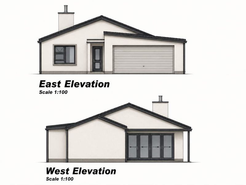 Architectural elevation drawings showing the east and west facades of the house, including garage, chimney, and bi-fold door details.