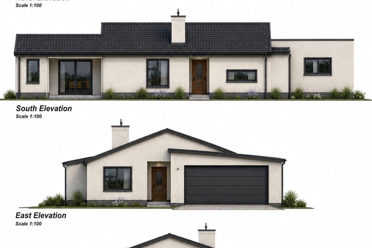 Architectural elevation drawings showing the north, south, east, and west views of a modern single-story house design.
