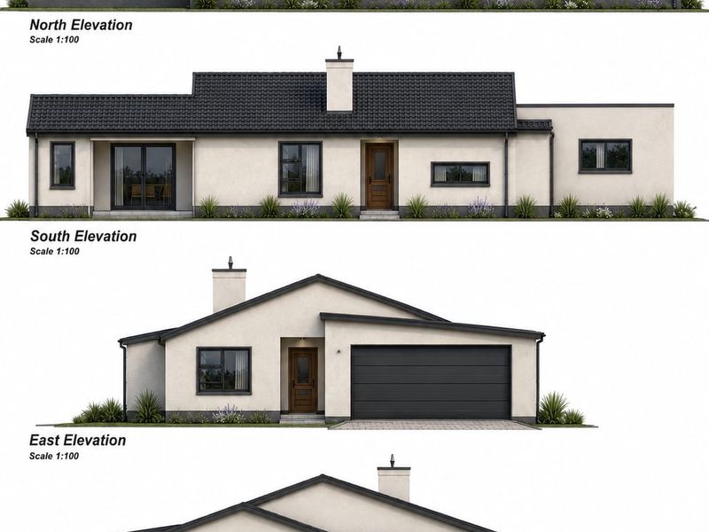 Architectural elevation drawings showing the north, south, east, and west views of a modern single-story house design.