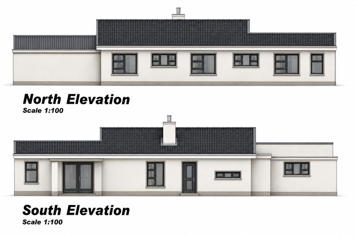 Architectural elevation drawings showing the north and south facades of the property, including roofline, window placement, and door configurations.