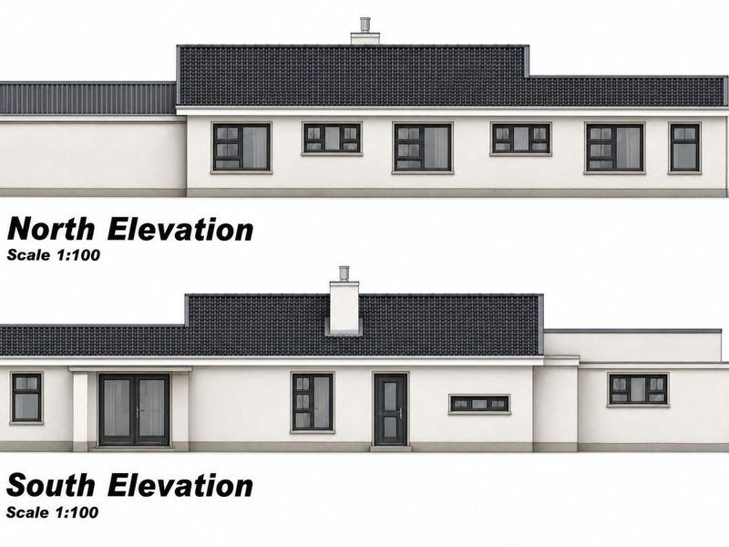 Architectural elevation drawings showing the north and south facades of the property, including roofline, window placement, and door configurations.