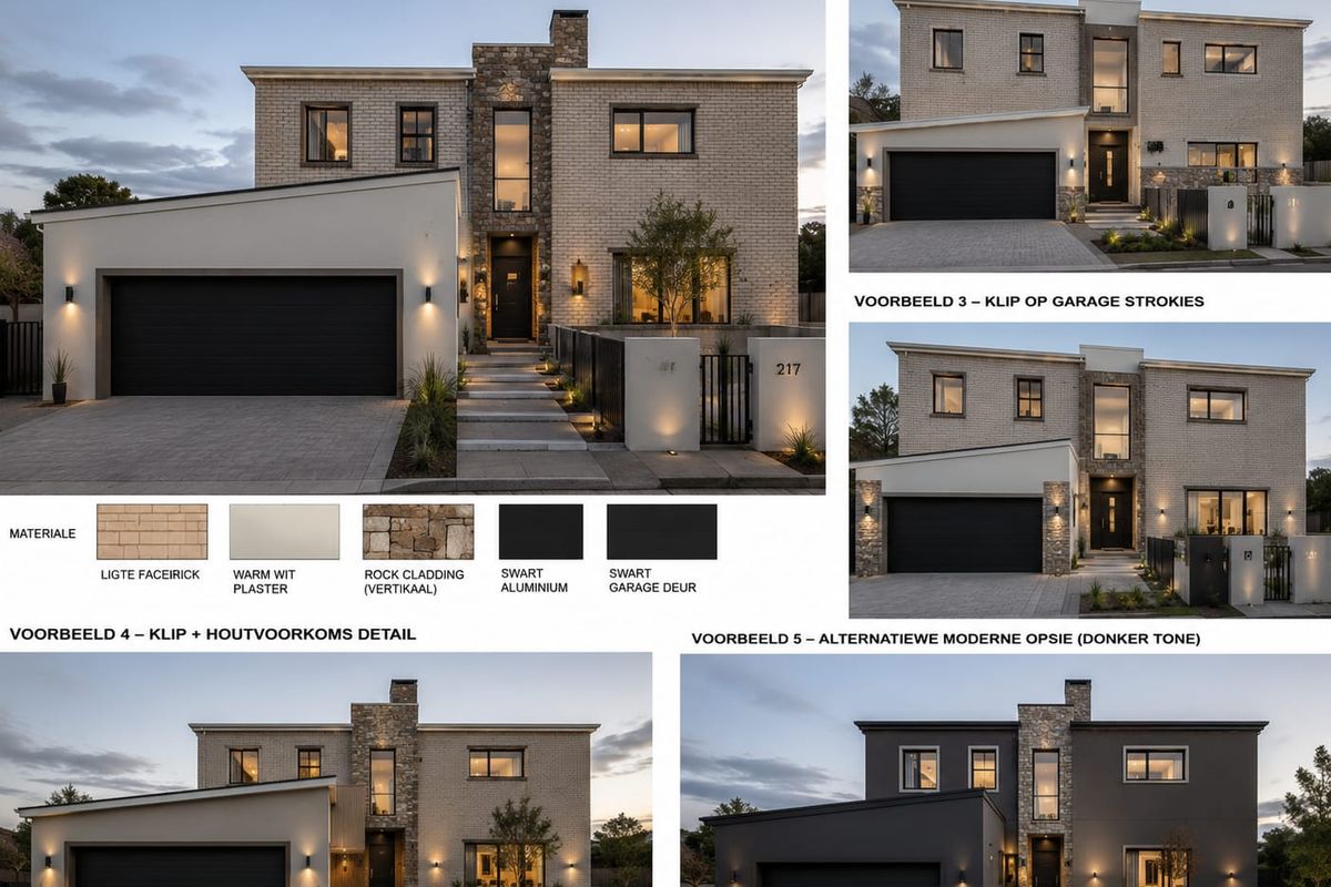 A modern multi-story residential facade featuring a mix of brick, stone cladding, and plaster finishes with a double garage and paved driveway.