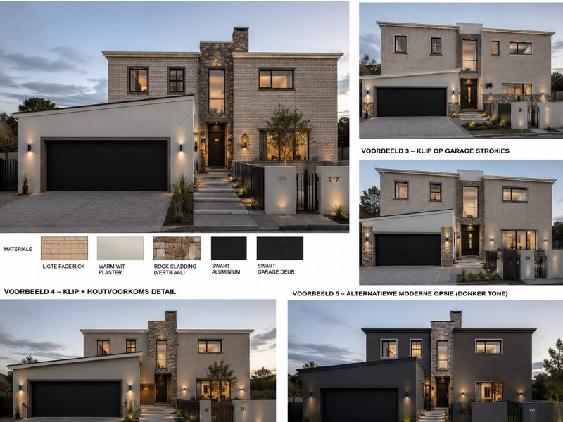 A modern multi-story residential facade featuring a mix of brick, stone cladding, and plaster finishes with a double garage and paved driveway.