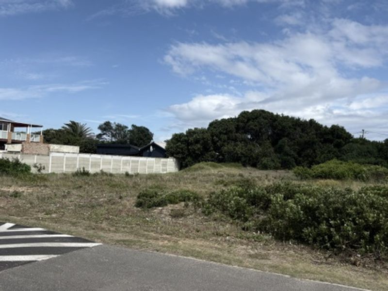 A vacant plot of land featuring a precast concrete boundary wall, adjacent to an asphalt road and established coastal vegetation.