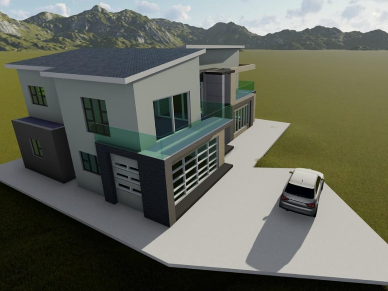 A 3D architectural rendering of a modern two-story residential property featuring a glass balcony and concrete driveway set against a mountain landscape.