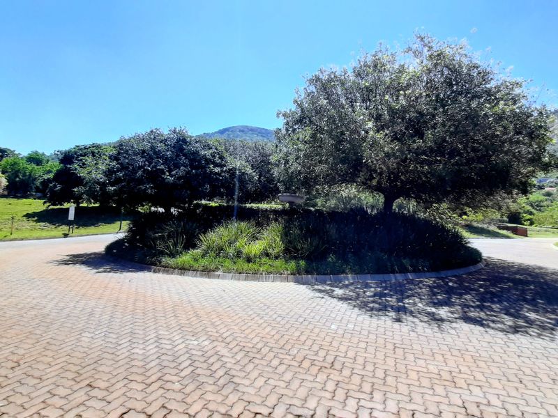 A view of a paved roundabout featuring a landscaped central island with mature trees, set within a residential estate environment.