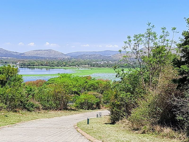 A scenic view of a lake and distant mountains from a paved driveway, showcasing the natural landscape and surroundings of the residential land.