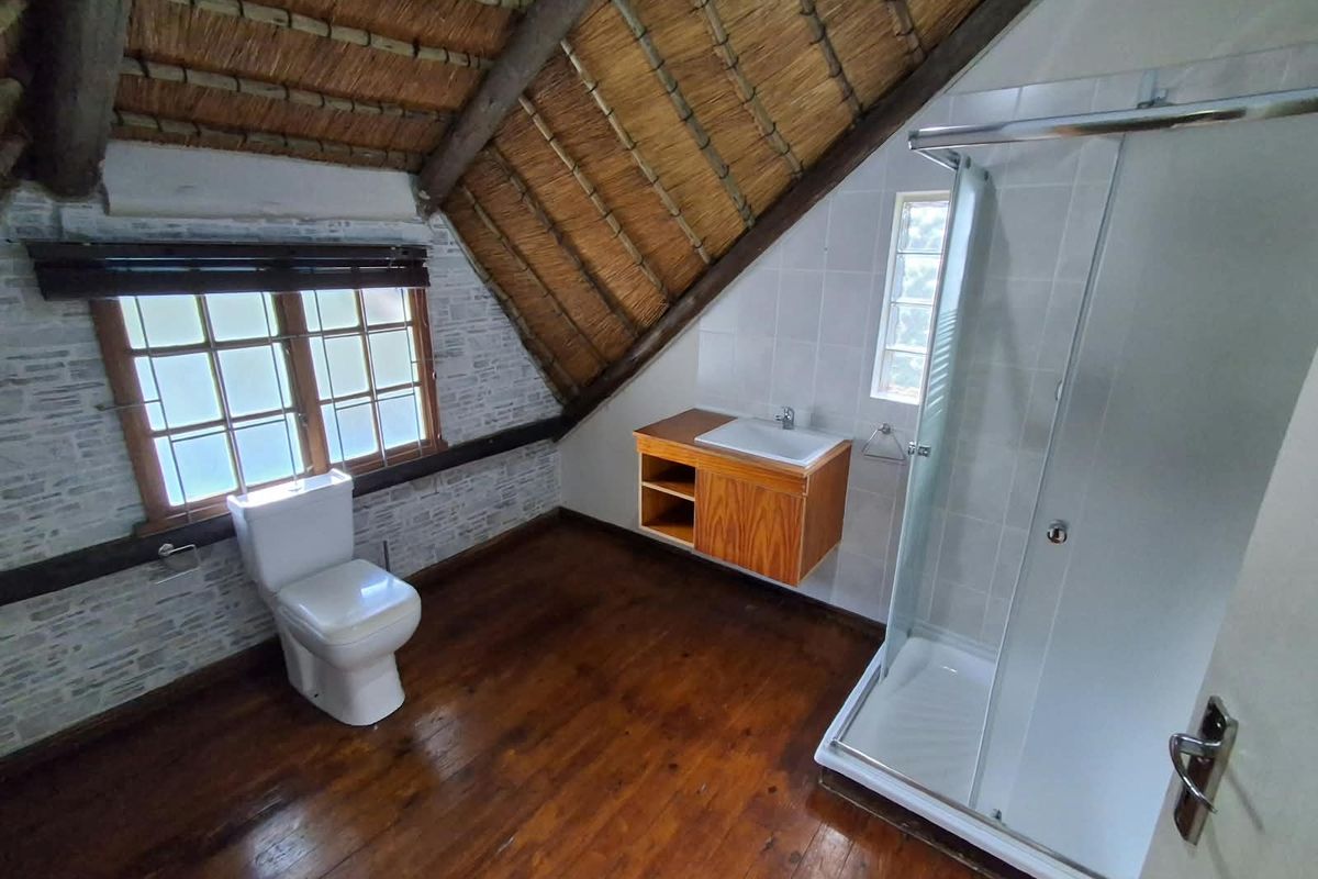 A unique attic-style bathroom featuring a thatched roof, exposed timber beams, timber flooring, a modern shower enclosure, and a wall-mounted vanity unit.
