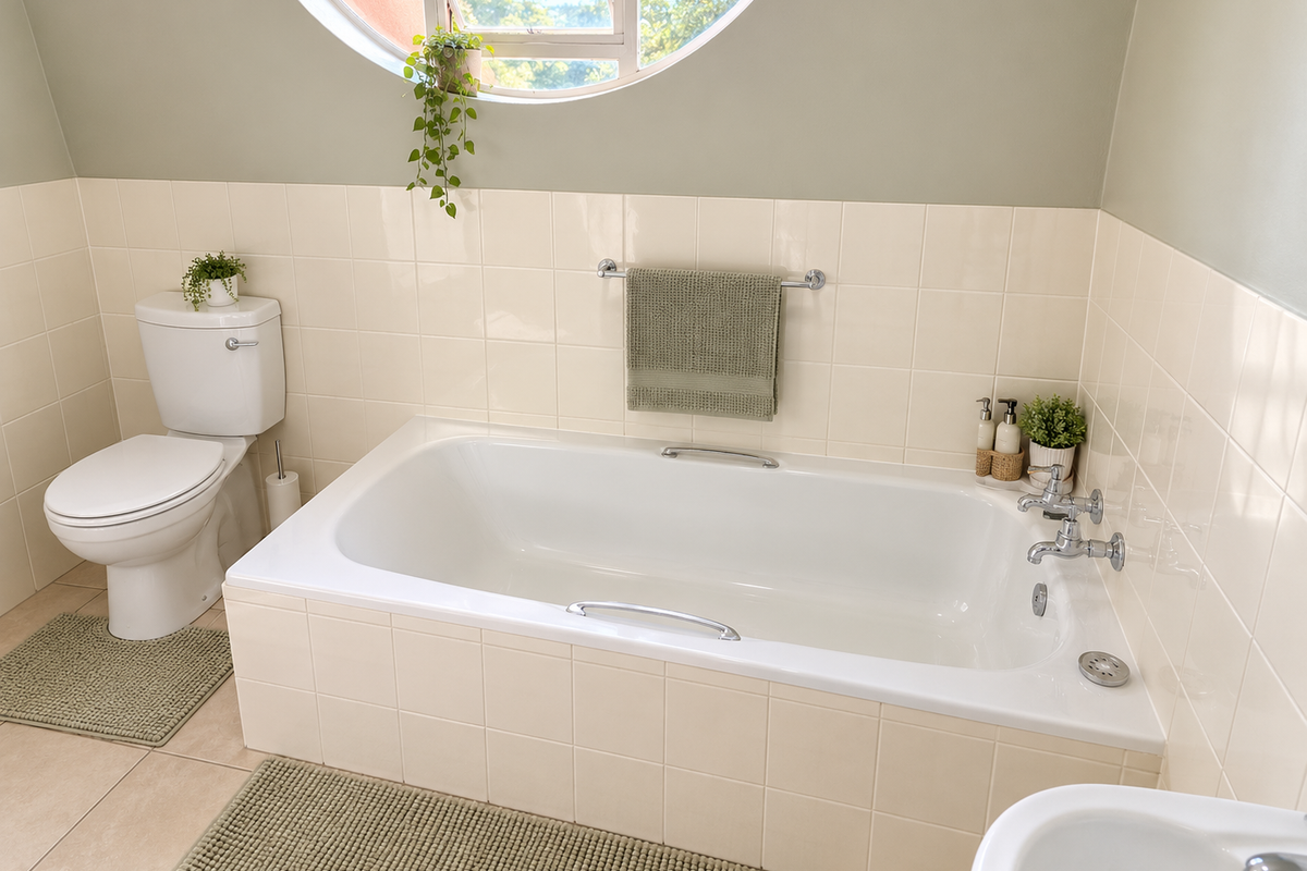 A well-maintained bathroom featuring a built-in bathtub, toilet, pedestal basin, and a distinctive circular window, finished with neutral ceramic wall tiles.