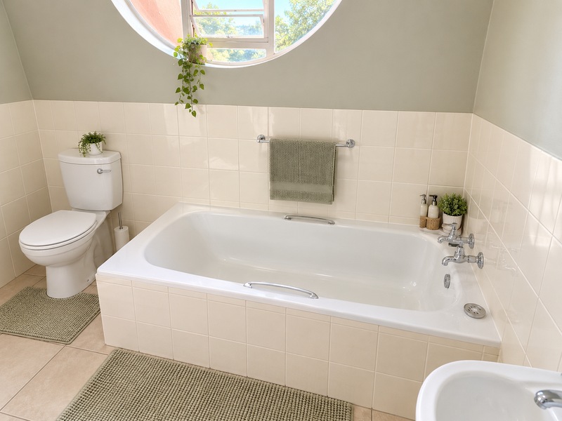 A well-maintained bathroom featuring a built-in bathtub, toilet, pedestal basin, and a distinctive circular window, finished with neutral ceramic wall tiles.