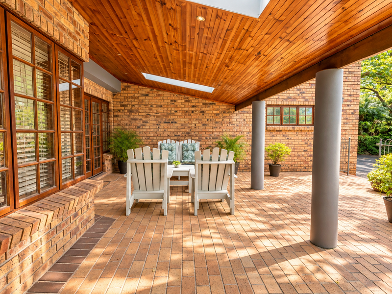 A covered outdoor patio featuring a warm timber-clad ceiling with integrated skylights, facebrick walls, and durable brick paving, offering a sheltered space for relaxation.