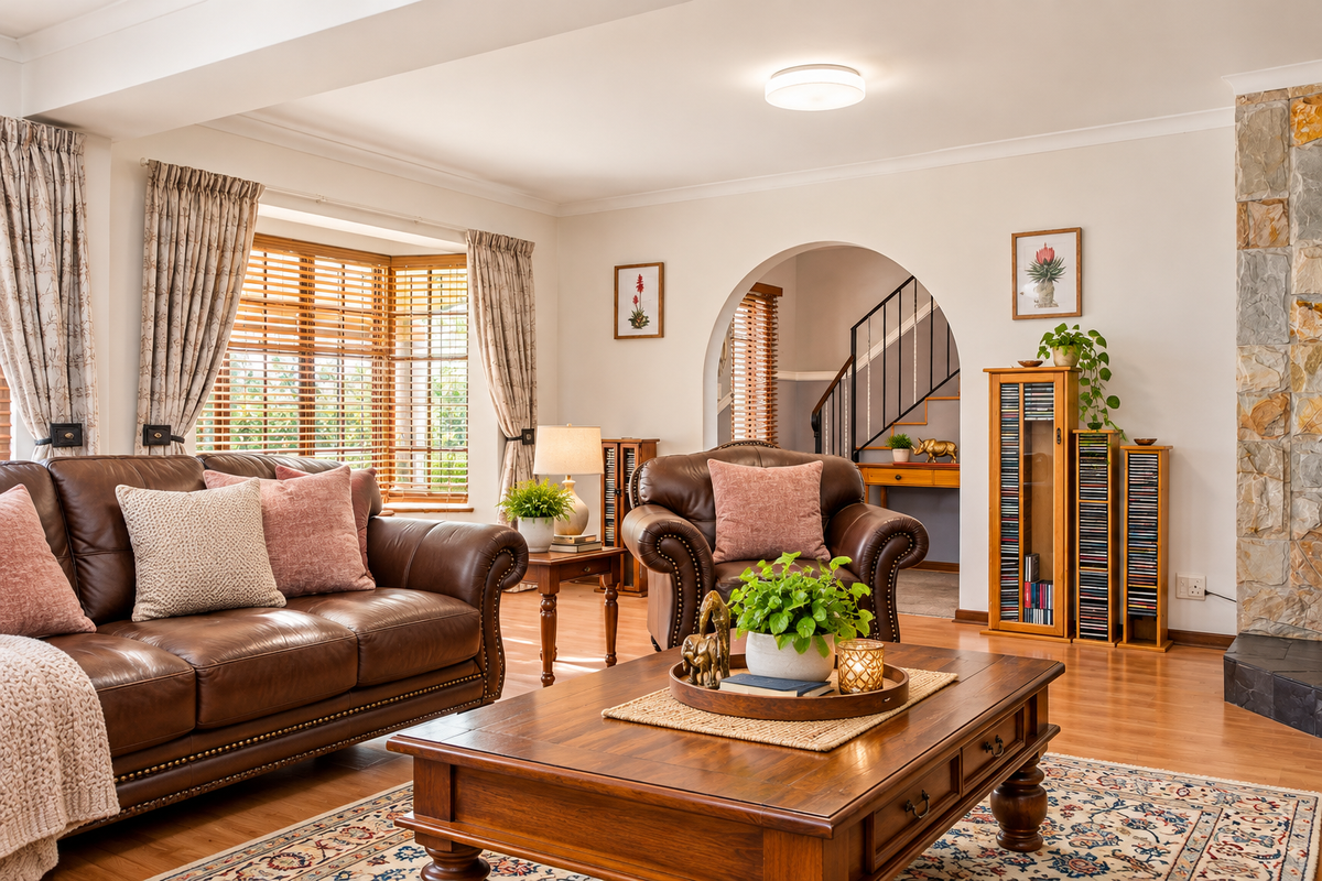 A well-maintained living room featuring a prominent stone fireplace, hardwood flooring, and an elegant archway leading to the staircase.