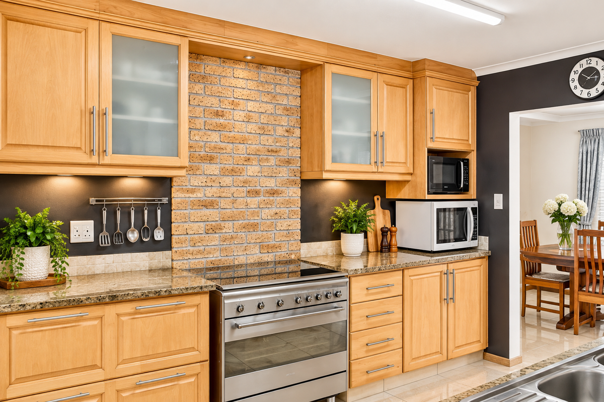 A well-maintained kitchen featuring light wood cabinetry, granite countertops, an exposed brick splashback, and a stainless steel stove with built-in microwave.