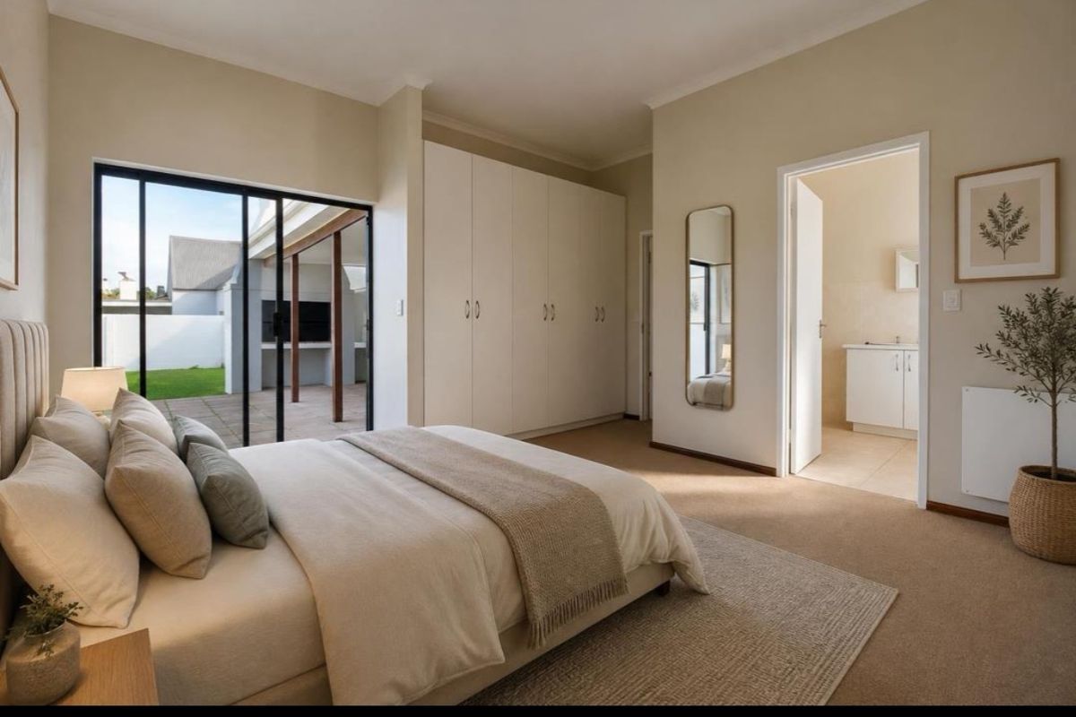 Spacious bedroom featuring built-in cupboards, carpeted flooring, and sliding glass doors leading to an outdoor patio, with an adjoining en-suite bathroom.