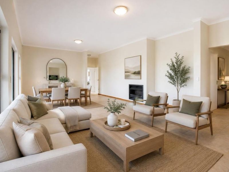 Spacious open-plan living and dining area featuring tiled floors, a built-in fireplace, and large windows providing ample natural light.