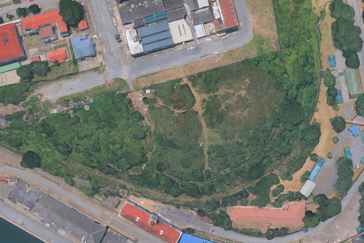 Aerial view of a large, undeveloped vacant residential plot featuring natural vegetation and surrounding road access.