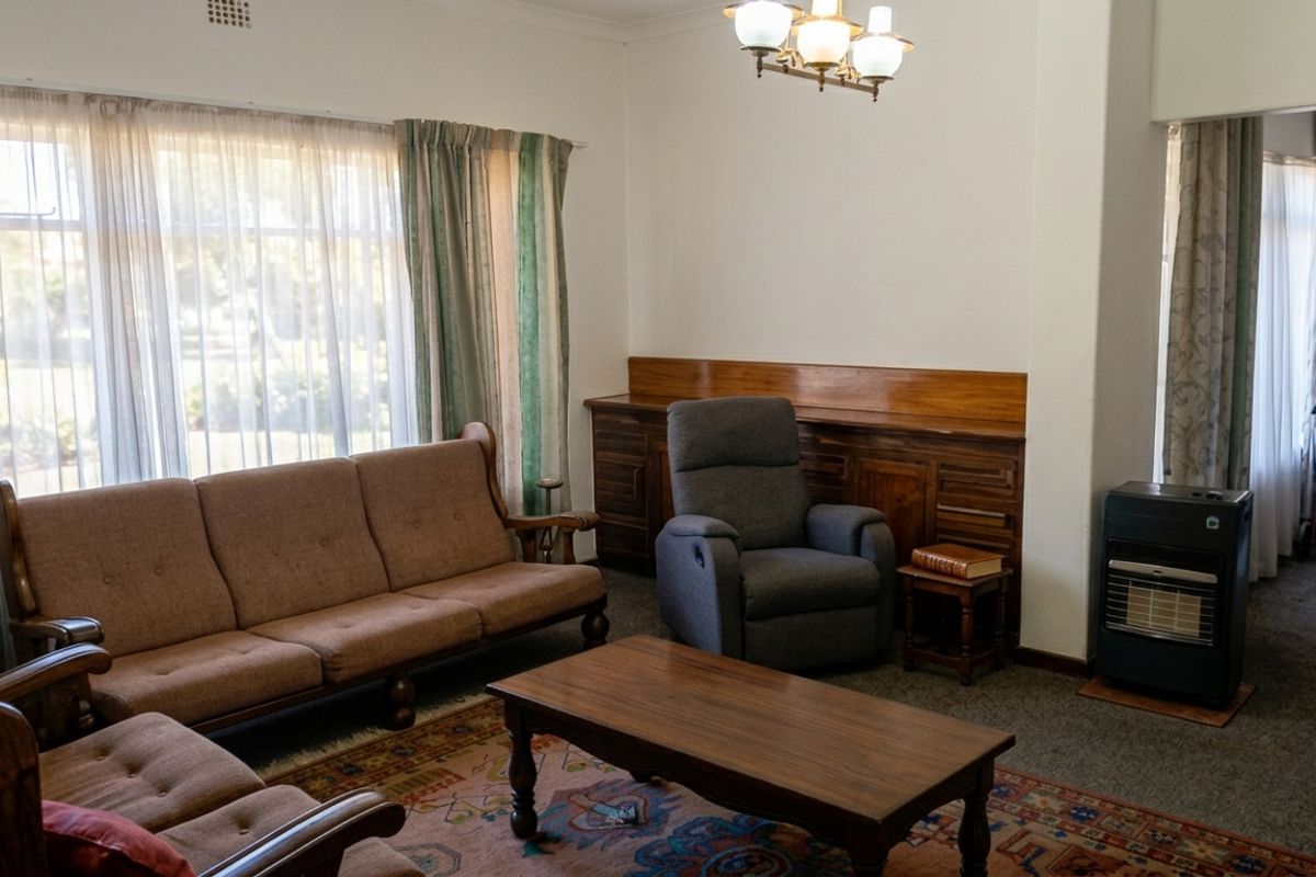 A living room featuring built-in wooden cabinetry, a gas heater, and large windows allowing natural light.