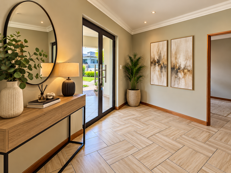 A bright and welcoming entrance hall featuring elegant herringbone tile flooring, crown molding, and a double glass door providing access to the outdoor area.