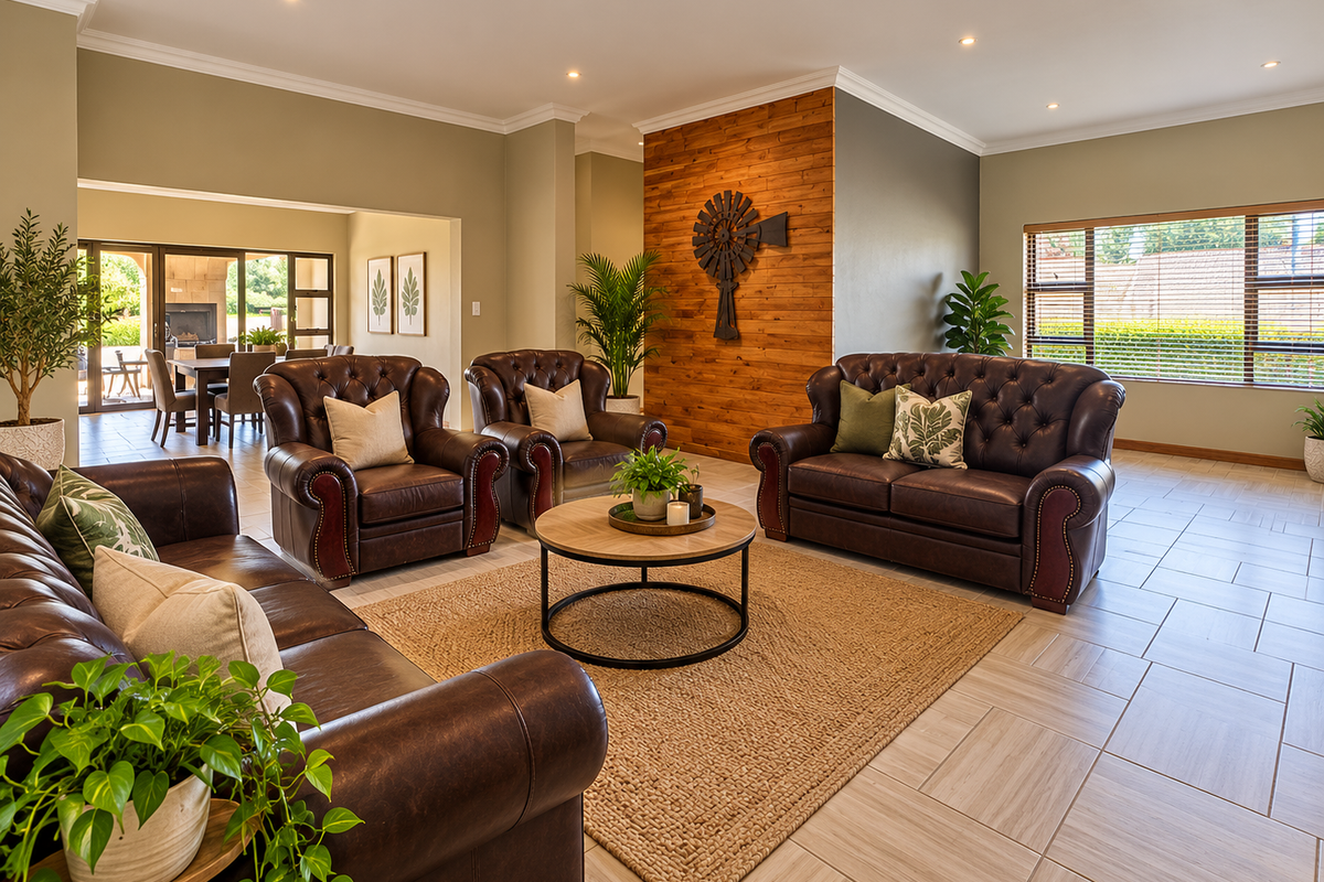 Spacious living room featuring tiled flooring, recessed lighting, and a prominent timber feature wall, creating a warm and inviting atmosphere.