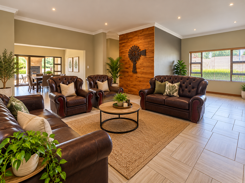 Spacious living room featuring tiled flooring, recessed lighting, and a prominent timber feature wall, creating a warm and inviting atmosphere.