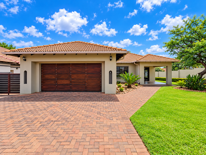 A well-maintained front elevation featuring a paved driveway, double garage, and manicured garden with a tiled roof and modern exterior finishes.