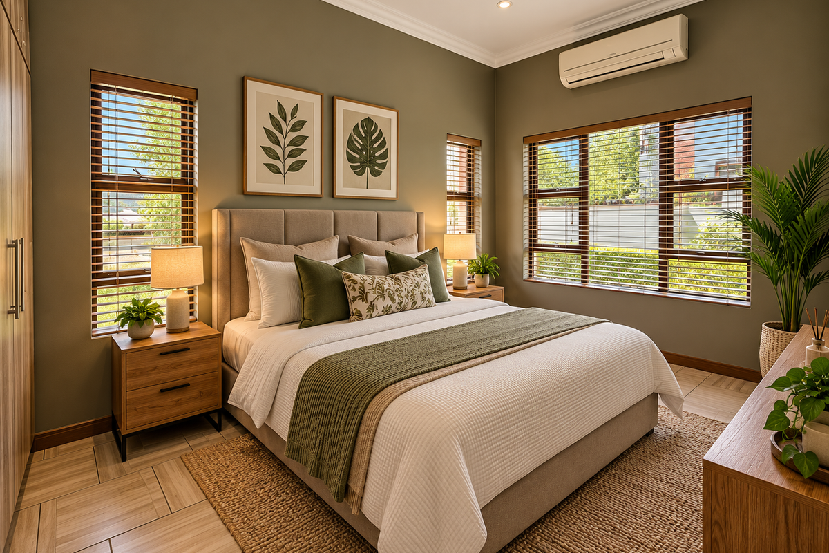 A well-appointed bedroom featuring tiled flooring, built-in cabinetry, split-system air conditioning, and large windows with timber venetian blinds.
