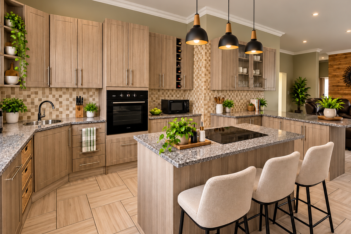 Modern kitchen featuring wood-grain cabinetry, stone-look countertops, a central island with a cooktop, and stylish pendant lighting in an open-plan layout.