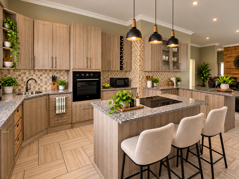 Modern kitchen featuring wood-grain cabinetry, stone-look countertops, a central island with a cooktop, and stylish pendant lighting in an open-plan layout.