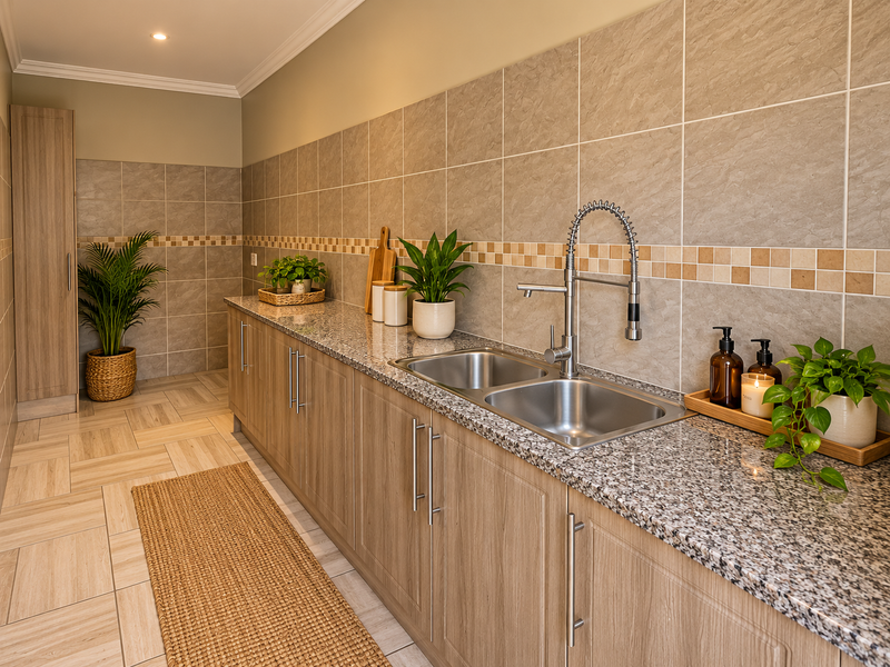 A well-maintained scullery featuring granite countertops, a double basin stainless steel sink with a modern mixer tap, and ample built-in cabinetry.