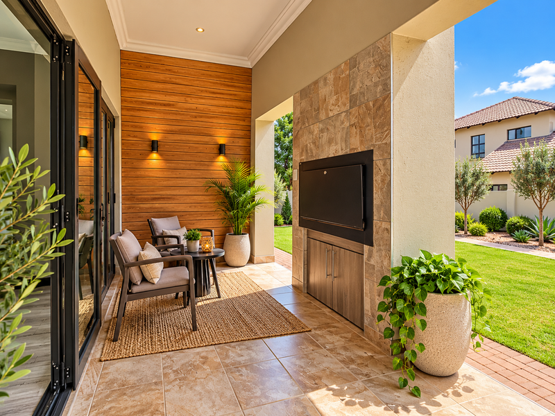A modern covered patio featuring tiled flooring, timber wall cladding, and a built-in braai, seamlessly connecting to the garden through bi-fold doors.