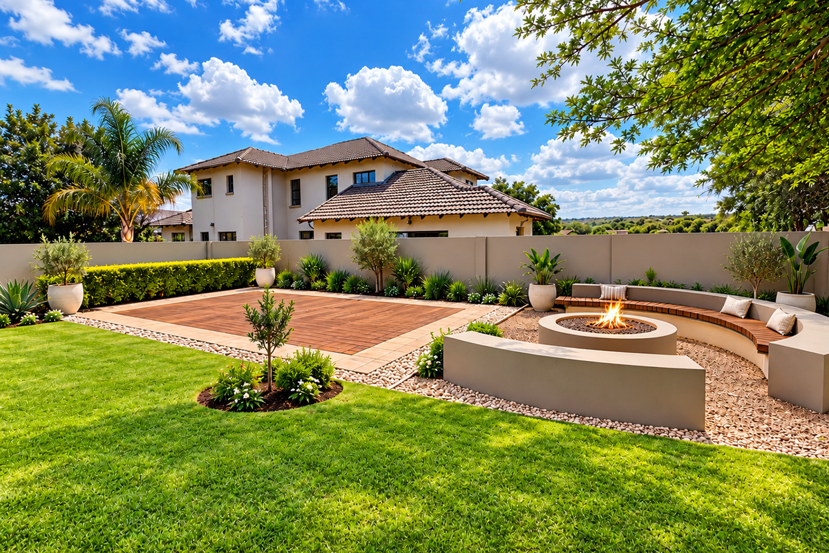 A beautifully landscaped rear garden featuring a modern built-in fire pit with curved concrete seating, timber decking, and a well-maintained lawn.