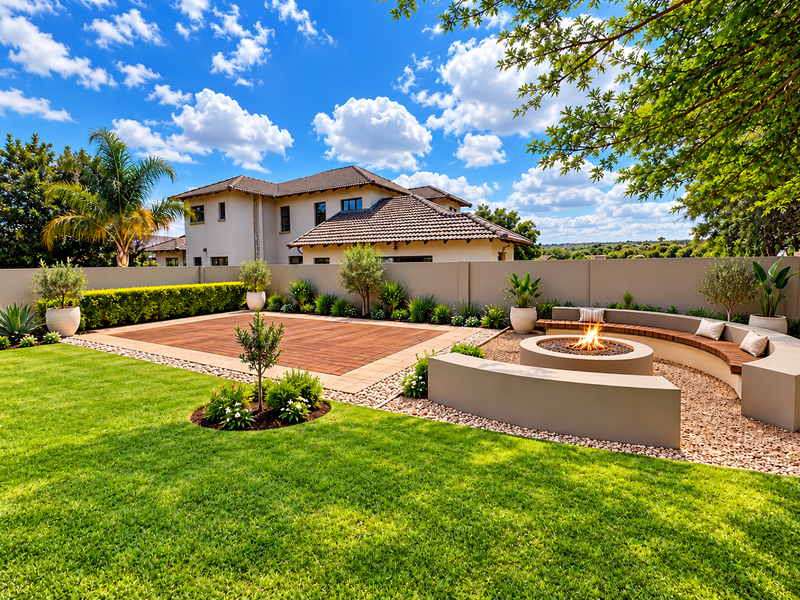 A beautifully landscaped rear garden featuring a modern built-in fire pit with curved concrete seating, timber decking, and a well-maintained lawn.