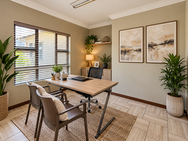 A well-lit home office featuring tiled flooring, built-in shelving, and large windows with venetian blinds, creating a professional and comfortable workspace.