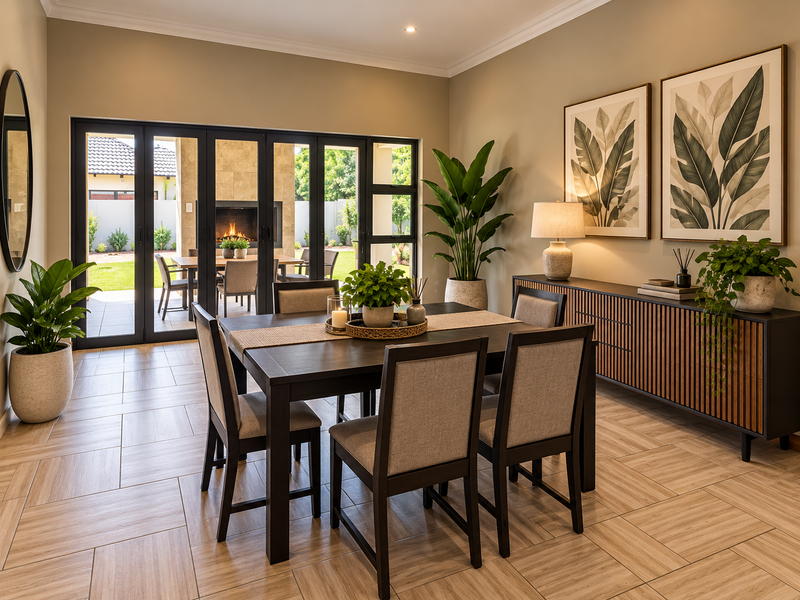 Elegant dining room featuring wood-look tiled flooring, crown molding, and large bi-fold glass doors that provide seamless access to the outdoor patio area.